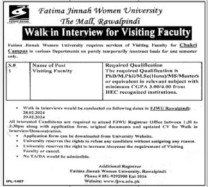 Fatima Jinnah Women University Jobs 2024