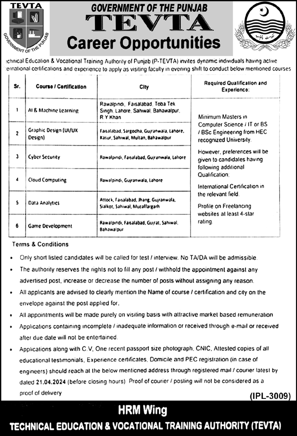 Technical Education & Vocational Training Authority Jobs Lahore 2024 Detail