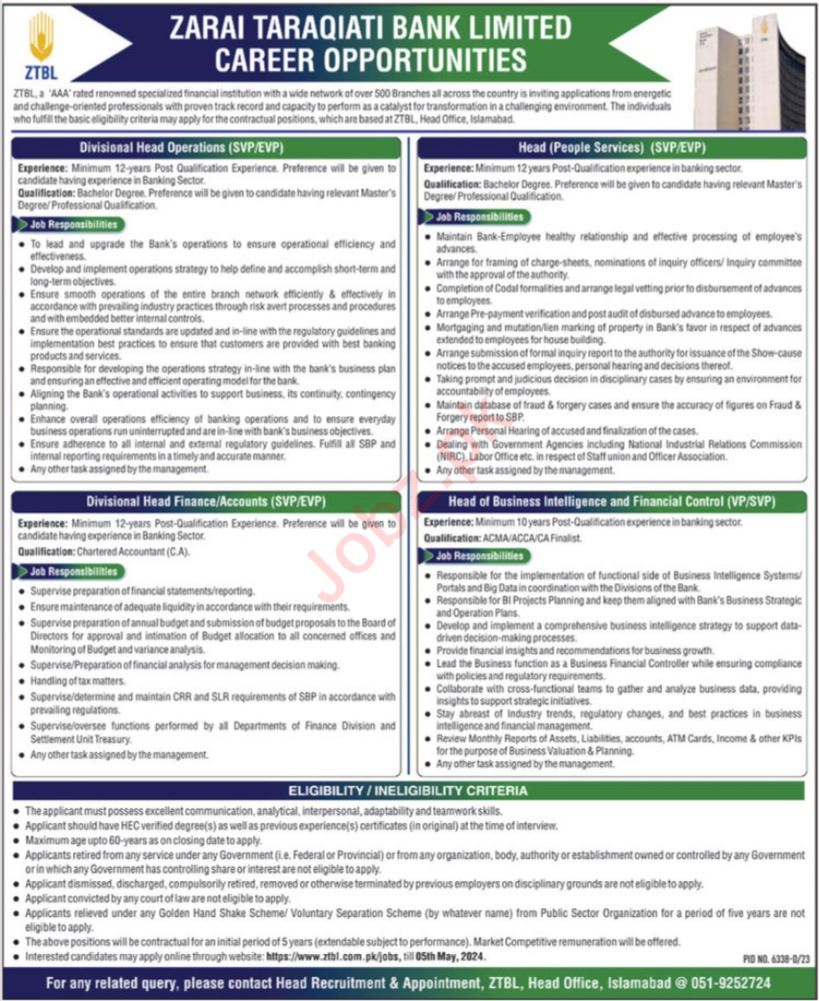 Zarai Taraqiati Bank Limited Jobs Islamabad 2024 Detail