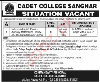 Cadet College Sanghar Jobs 2024 Detail