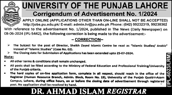 University Of The Punjab PU Lahore Jobs 2024 Detail