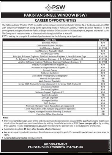 Pakistan Single Window Karachi Jobs 2024 Detail