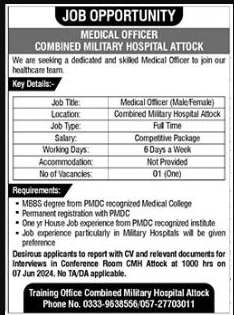 Combined Military Hospital Attock Jobs 2024 Detail