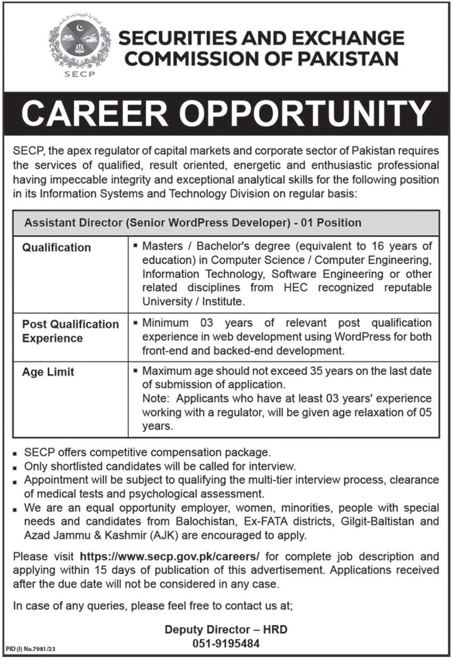 Securities And Exchange Commission Of Pakistan Islamabad Jobs 2024 Detail