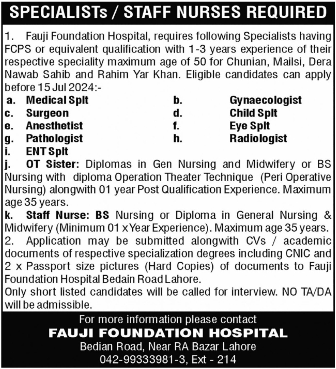 Fauji Foundation Hospital Lahore Jobs 2024 Detail