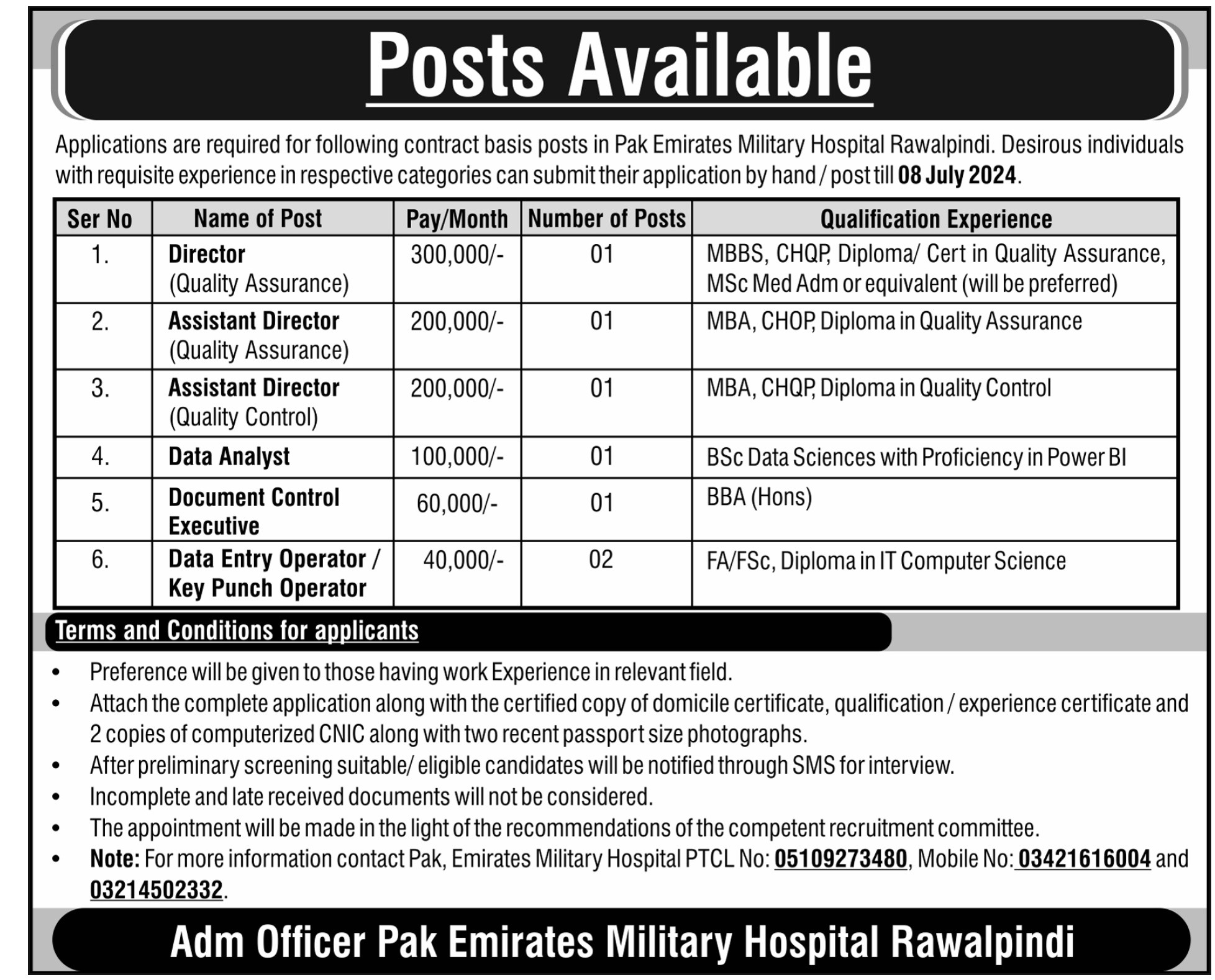 Pak Emirates Military Hospital Rawalpindi Jobs 2024 Detail