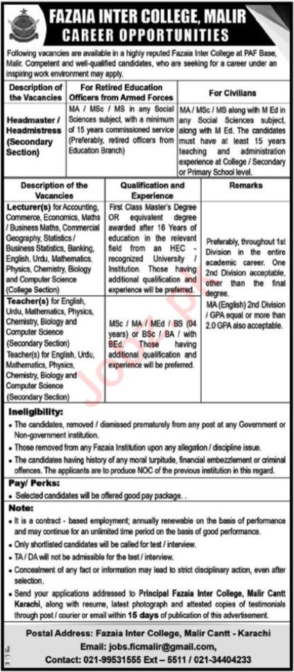 Fazaia Inter College Karachi Jobs 2024 Detail