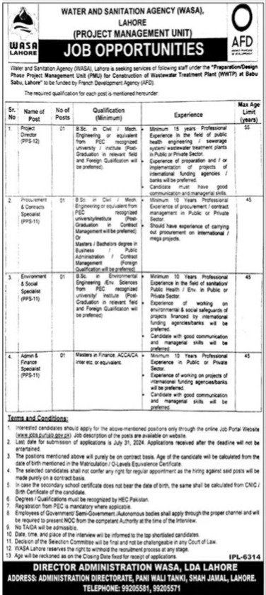 Water And Sanitation Agency WASA Lahore Jobs 2024 Detail